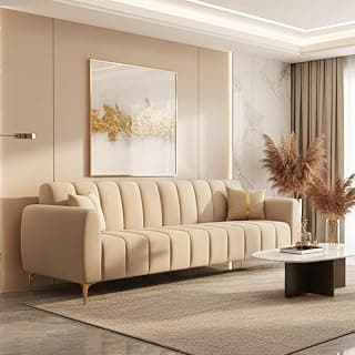 FURNY Harmony 3 Seater Velvet Fabric Sofa Set (Beige) with Golden Finish Legs Durable & Comfortable Ideal for Living Room