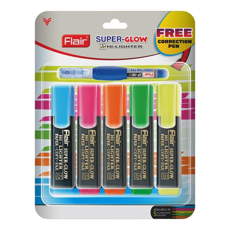FLAIR 5 Shades Super Glow Highlighter Blister Pack | Ergonomic Grip With Pocket Clip For Comfortable Handling | Non-Toxic Ink & Safe For Childrens | Pack of 1