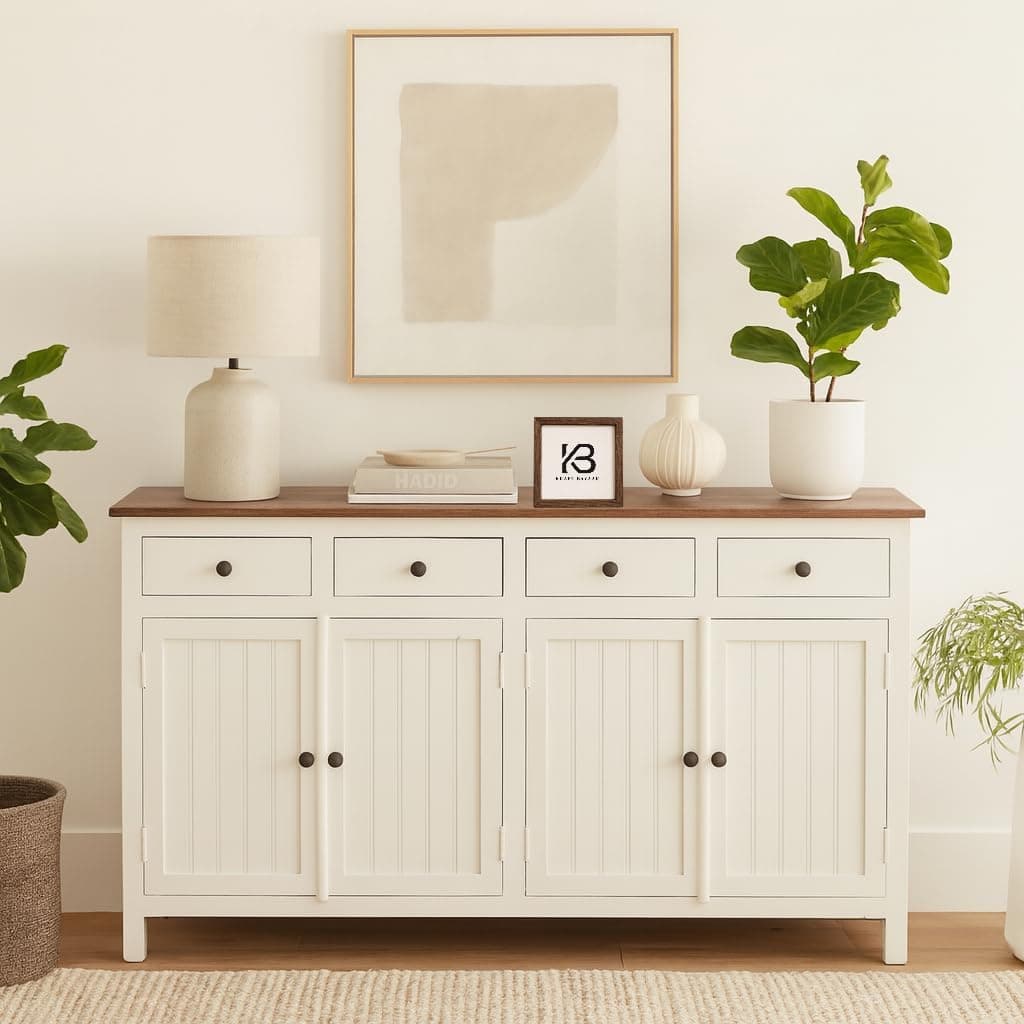 Kraft Bazaar Solid Wood Madrid (L) Sideboard for Living Room | Kitchen Storage Cabinet | Crockery Storage Unit | Storage Cabinet (Finish- Natural and Premium Pearl White Distressed Edge)