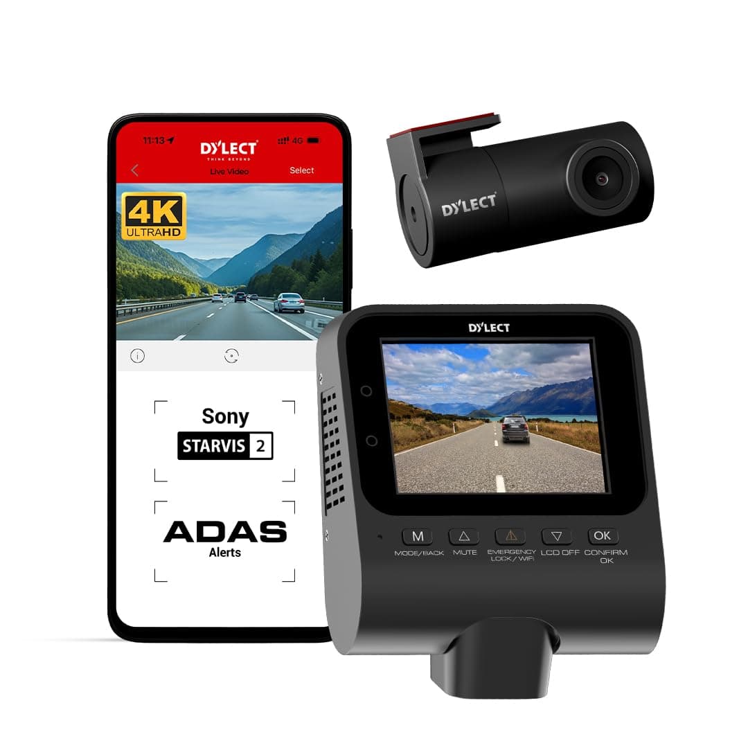 Dylect® Sense 4K Max 2 Channel Dash Cam with Sony STARVIS 2, 4K Front + 1080p Rear, ADAS Safety, GPS, Wi-Fi, Night Vision, 140° Wide Angle, Loop Recording, 2.4” IPS, Supports 1TB