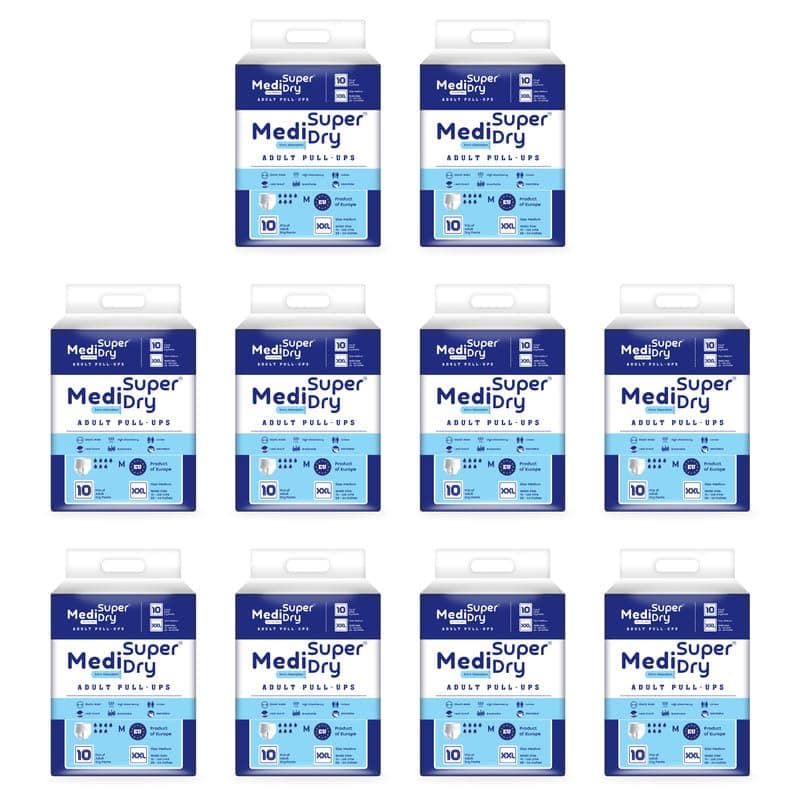 Medisuperdry Adult Diapers XXL Size Pants | Double Extra Large (2XL) |Waist 152-205 cm (60-80 inches) |High Absorbency -8 Hrs |Leakproof Diaper |Elastic Waist |Men & Women|100 Units, Pack of 10