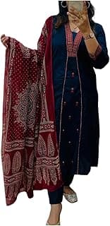 ANNI DESIGNER Navy Blue Pure Cotton A-Line Kurta Pant Dupatta Set for Women | Embroidery 3 Piece Suit with Straight Pants & Matching Dupatta | Festive Office Ethnic Wear