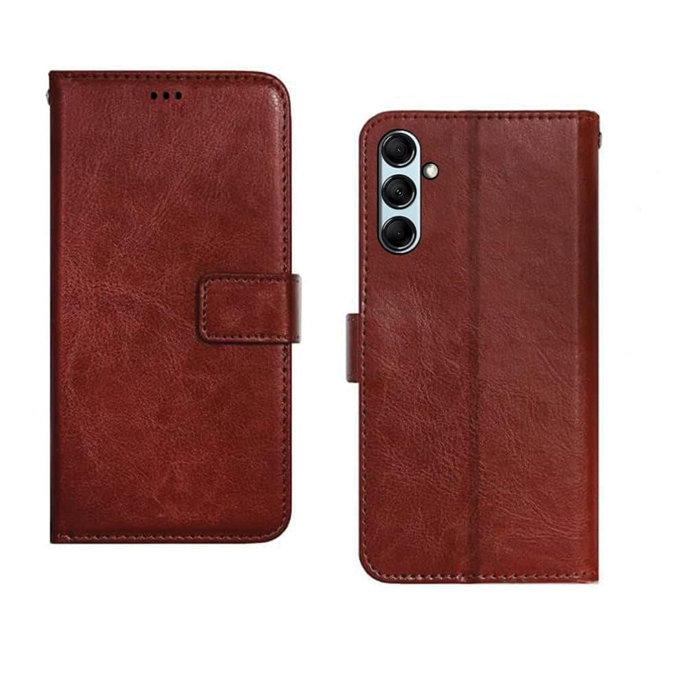 Amazon Brand - Solimo Faux Leather Samsung Galaxy M14 5G Flip Cover | Card Pockets Wallet & Stand | Flip Cover for Samsung Galaxy M14 5G - Brown