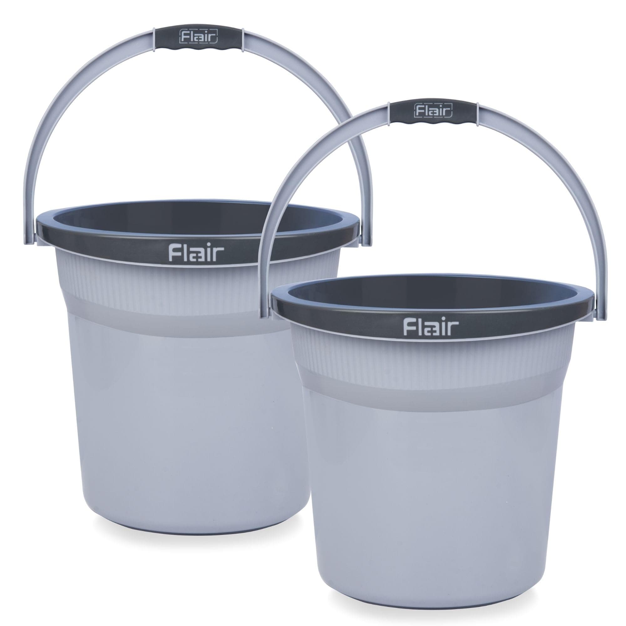 FLAIR Estella 8L Set of 2 Plastic Bathroom Bucket, Grey | Durable Virgin Plastic Buckets with Easy-Grip Handle | Lightweight & Multipurpose for Mopping, Floor Cleaning, Kitchen and Daily Use