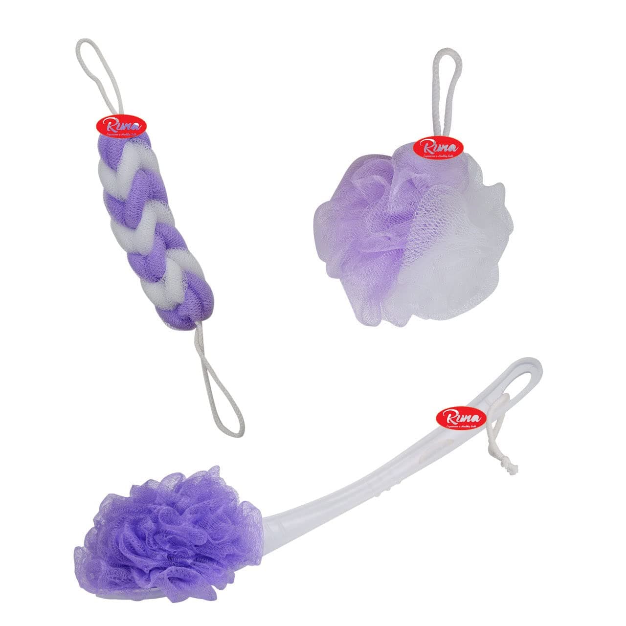 RUNA Blue Wash Soft Round Loofah|Back Sponge Loofah|Back Loofah with Long Handle -Bathing For Women,Girls,Men(Combo of 3) Colour (Purple)
