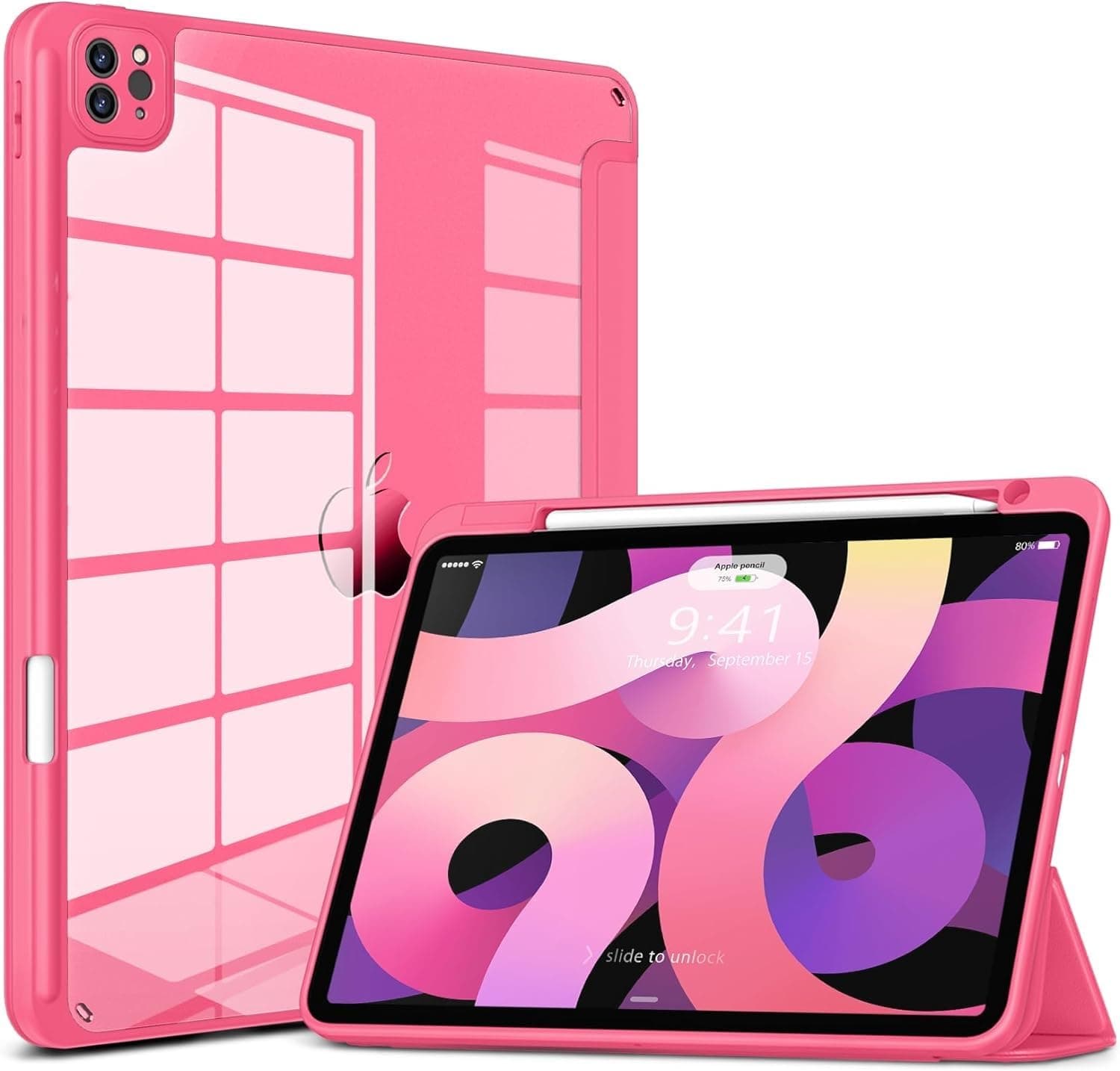ProElite Case for iPad Air 11 Inch M4/M3/M2 2026/2025/2024, iPad Air 10.9 inch 5th/4th Gen & iPad Pro 11 inch 4th/3rd Gen 2022 case Cover, Transparent Smart Flip Cover with Pencil Holder, Hot Pink