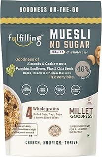 Fulfilling Muesli Sugar free 350g| Pumpkin, Flax & Chia seeds, Dry fruit & Nuts - Rolled Oats + Millet flakes | No added Sugar snack | Gluten free Healthy Breakfast