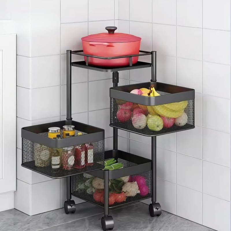flymore Metal Kitchen Trolley Square Onion Baskets for Storage,Kitchen Accessories Items&Vegetable Basket for Kitchen Organizer Items&Storage Portable Kitchen Accessories with Wheels(Black,Layer-3)