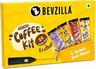 Bevzilla 24 Coffee Sachets & Frother | 2g Each Sachet | 6 Pouches Each Flavour | Cafe Coffee Kit | Classic, Hazelnut, Vanilla & Butterscotch Flavors | Arabica Beans | Enjoy Hot & Cold | 48g