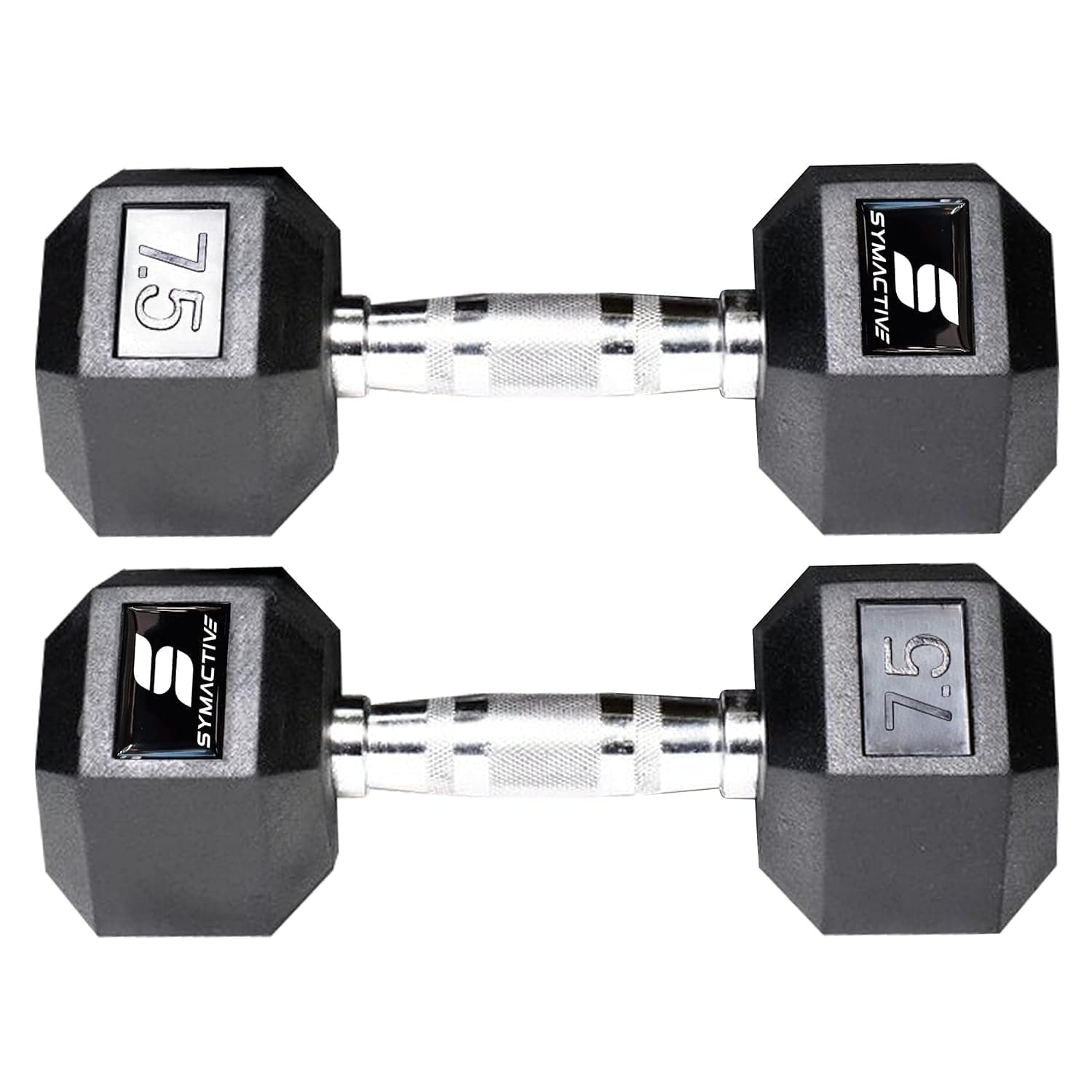 Amazon Brand - Symactive Rubber Coated Hex Fixed Dumbbells, Set of 2, 7.5 Kg, Black