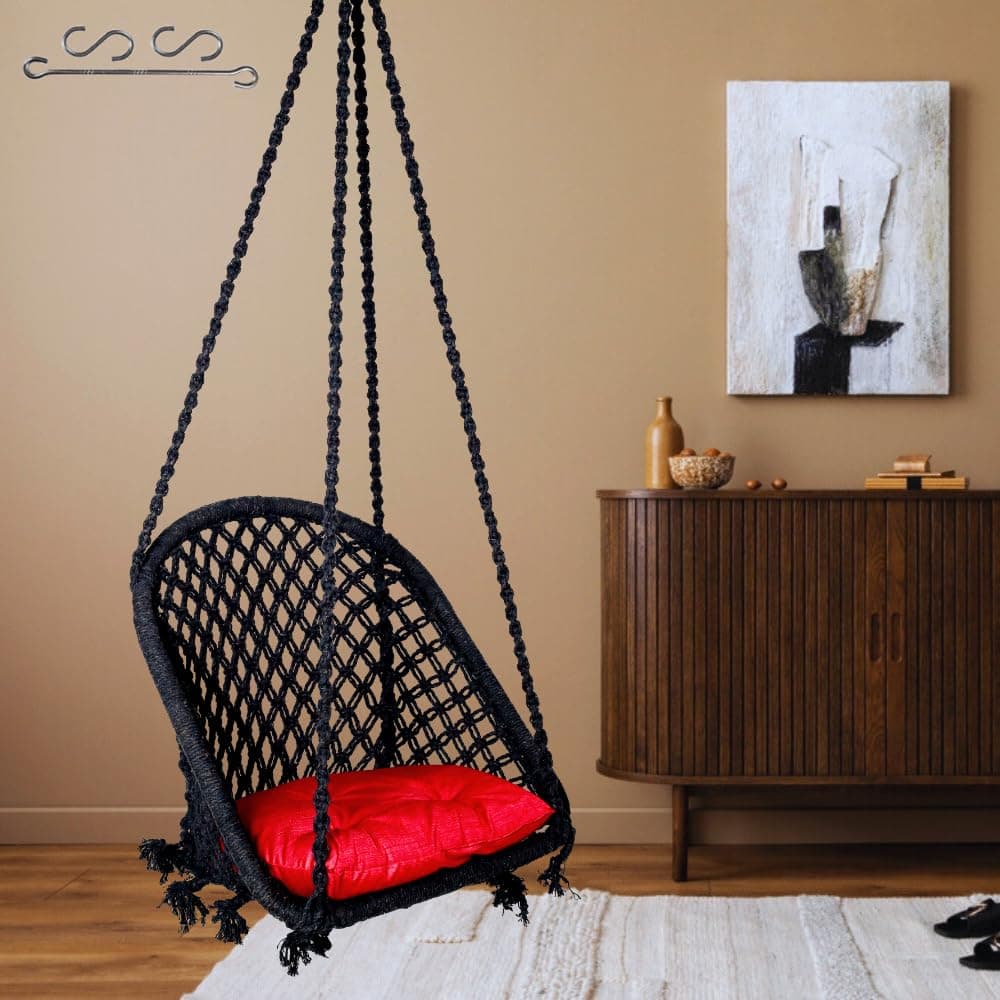 Patiofy Cotton D Shape Swing Chair/Swing for Adults & Kids/Swing for Balcony/Swing Chair for Adults for Home/Jhula for Adults/Jhoola/Swing for Indoor/Includes Hanging Kit & Red Sitting Cushion -Black