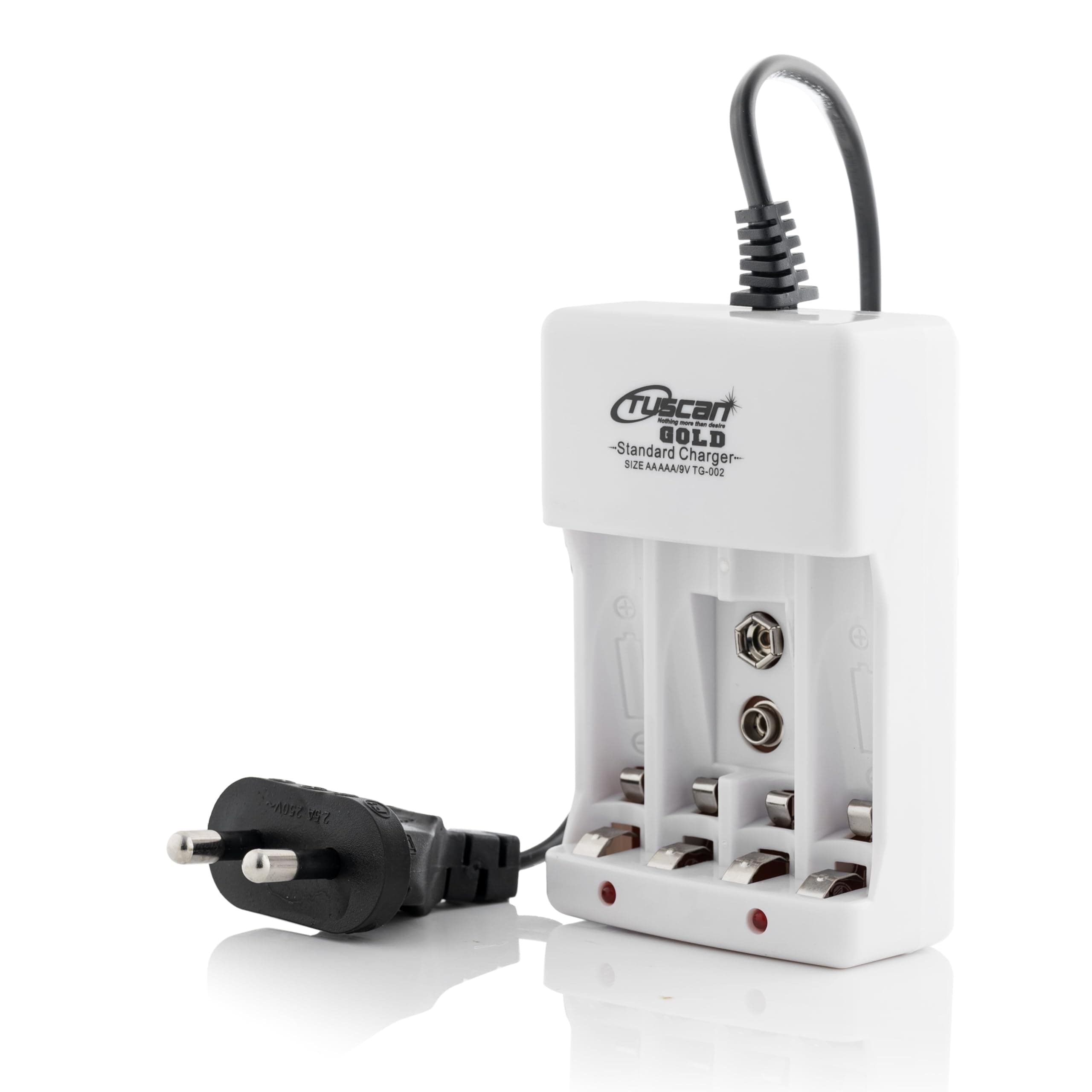 Tuscan TG002 Corded Battery Charger for AA/AAA/9V Ni-MH & Ni-CD Rechargeable Batteries (White) | AC Power Adapter Charging Station | Charges 4AA or 4AAA or 1 * 9V Battery Used in Toys or Cameras