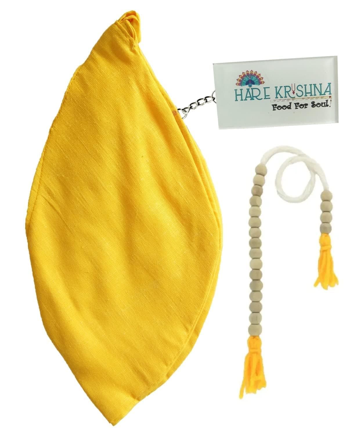 Hare Krishna Food For Soul ISKCON Yellow Japa Mala Bag-Gomukhi Jaap Mala Bag-Bead Bag with Sakshi Mala & Keychain (Combo)