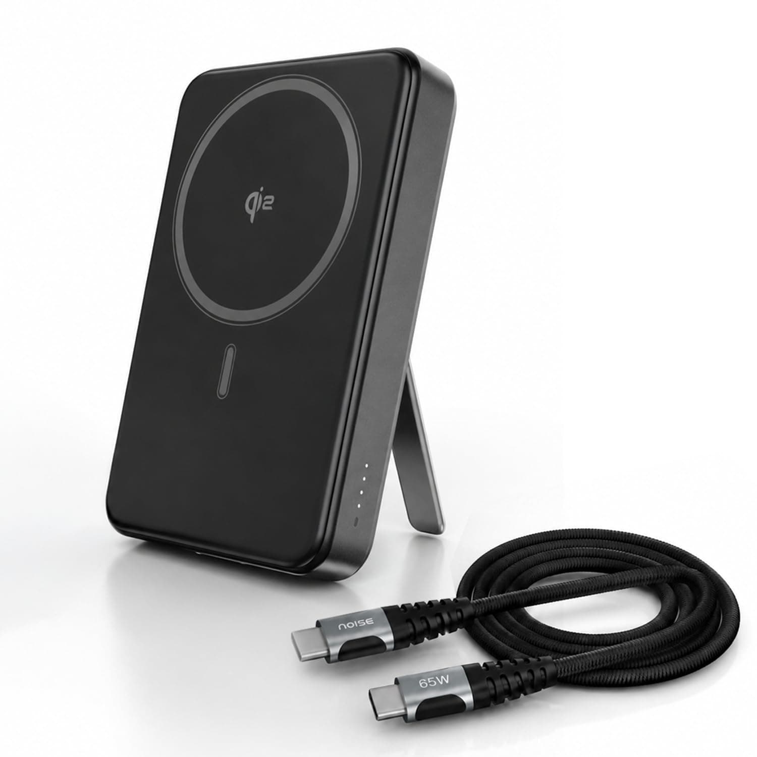 Noise Qi2 Certified MagSafe Wireless 10000mAh Power Bank + 65W Type-C to Type-C Braided Cable (1M):Built-in Stand,15W Wireless & 22.5W Wired Output, Strong Magnetic Hold, for Android & iPhones-Onyx