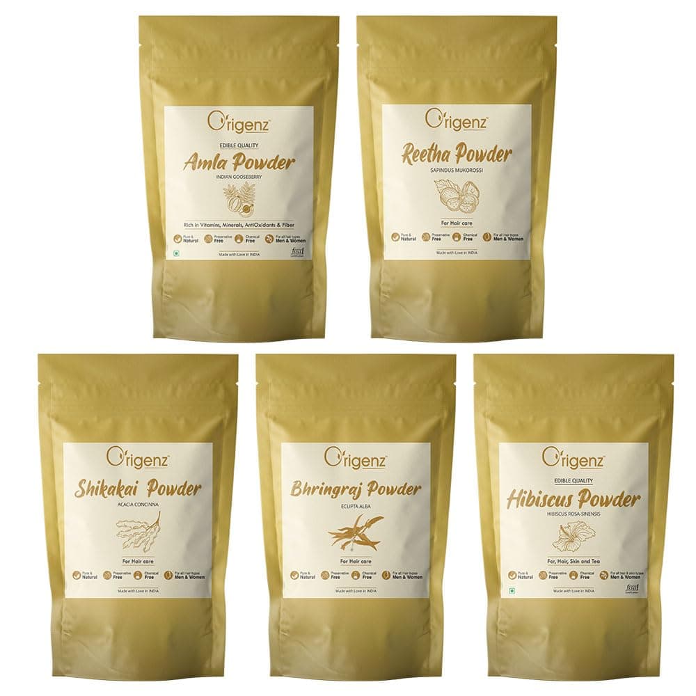 Origenz Hair Care 5 Powders Combo 1250 Gm (1.25 Kg) - Amla Reetha Shikakai Bhringraj Hibiscus Powder Pack for Wash, Healthy Scalp, Nourishment, Mask, Helps to Control Dandruff, Hairfall | Natural Cleanser | In Pouch (250 gm X 5)