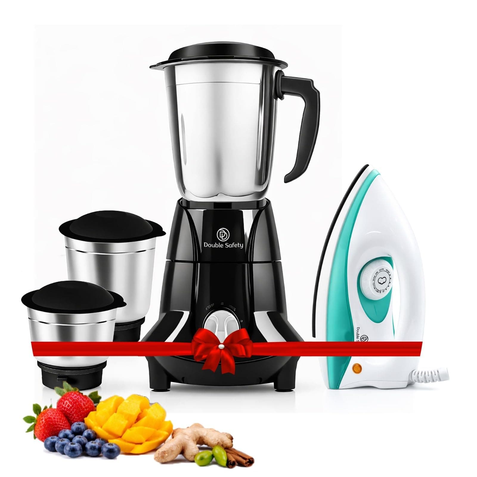 Double Safety Berlin 750W Juicer Mixer Grinder With 1000W Phuket Dry Iron Combo | 3 Jar | Perfect for Juicing, Mixing, Blending | Stainless Steel Blades | Black | 2 Years Warranty