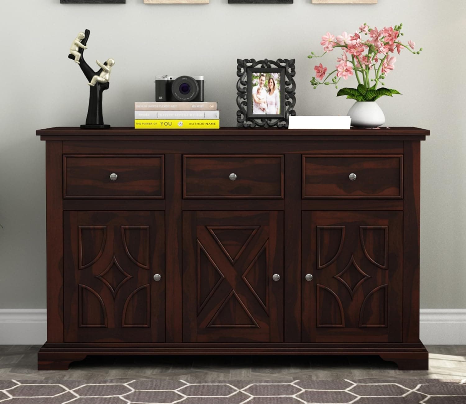 GADWAL FURNITURE Solid Sheesham Wood Cabinets & Sideboards for Living Room Bedroom (Carrock, Walnut Finish)
