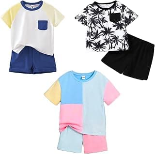 LOFN Unisex-Child Cotton Clothing Sets for Baby Boys & Baby Girls Printed Kids Clothing Sets - Unisex Clothing Sets Half Sleeve T-Shirt & Shorts Pack of 3 (T81AF-T66RB-22-T75BL)