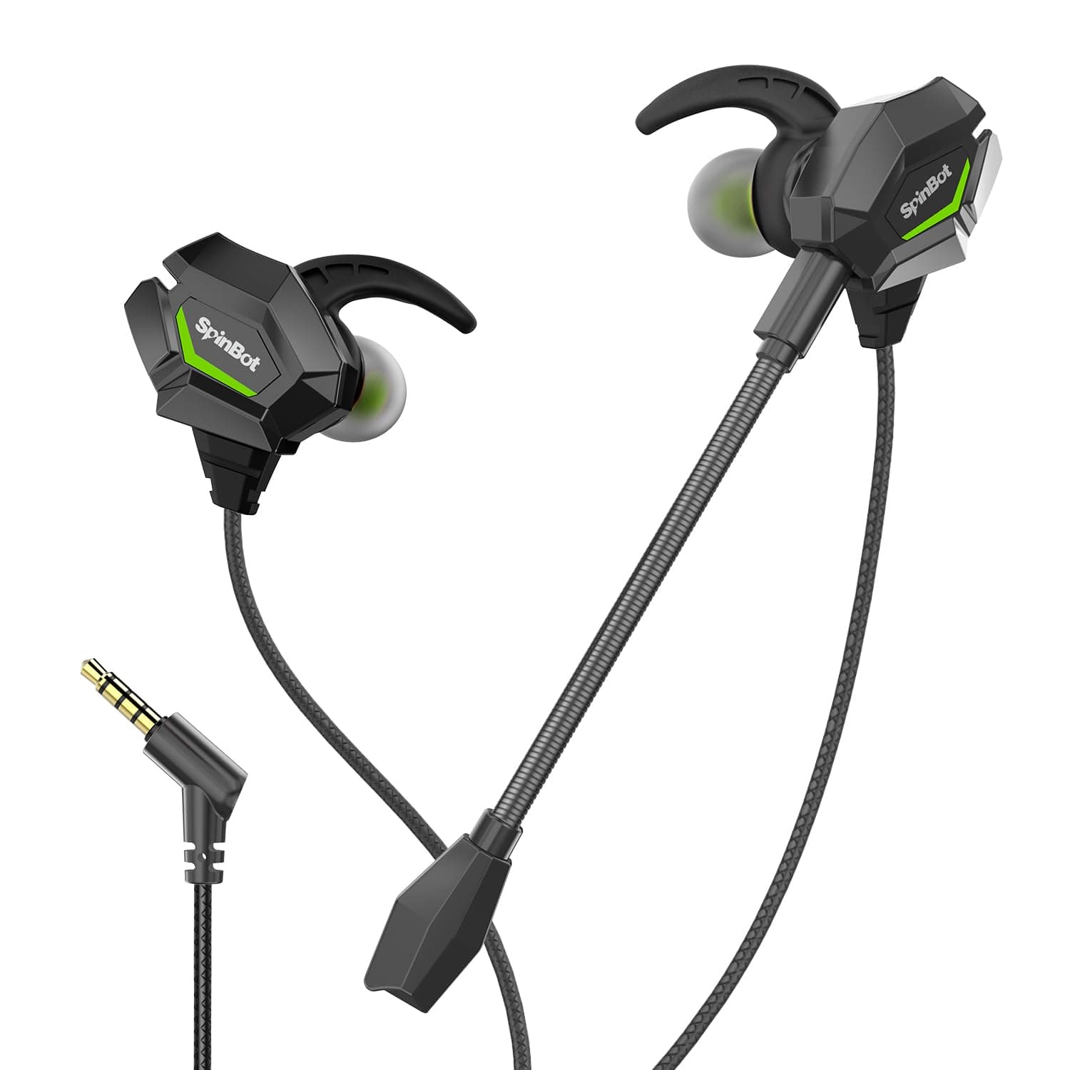 SpinBot BattleBudz W20 Gaming Wired Earphones with Dual Mic | Detachable Boom Mic, 10mm Gaming-Tuned Drivers, Shark Fin Eartips for Mobile, PC/Laptop, Xbox One, PS4, PS5 (Green)