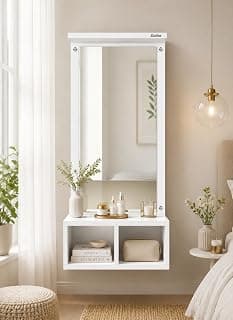 Wall Mounted Dressing Table with Mirror, Floating Vanity Mirror Shelf, Makeup Storage Organizer, Space Saving Wall Hanging Dressing Unit for Bedroom, Living Room, Bathroom, White Finish