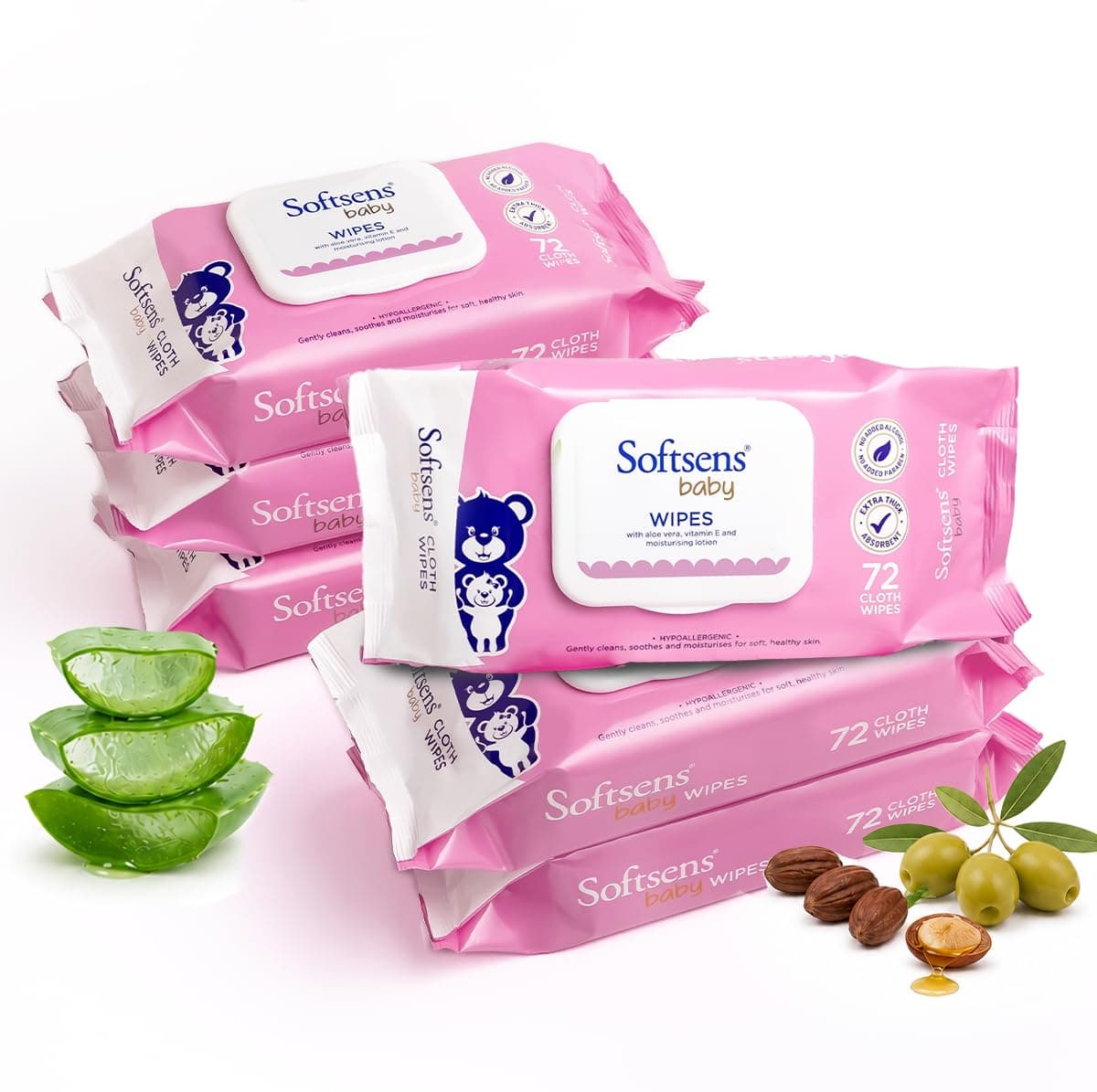 Softsens Baby Gentle Cloth Wipes for Baby Skin Enriched with Aloe Vera & Vitamin E I Dermatologically Tested & Parben Free with Lid - 72 wipes (Pack of 6)