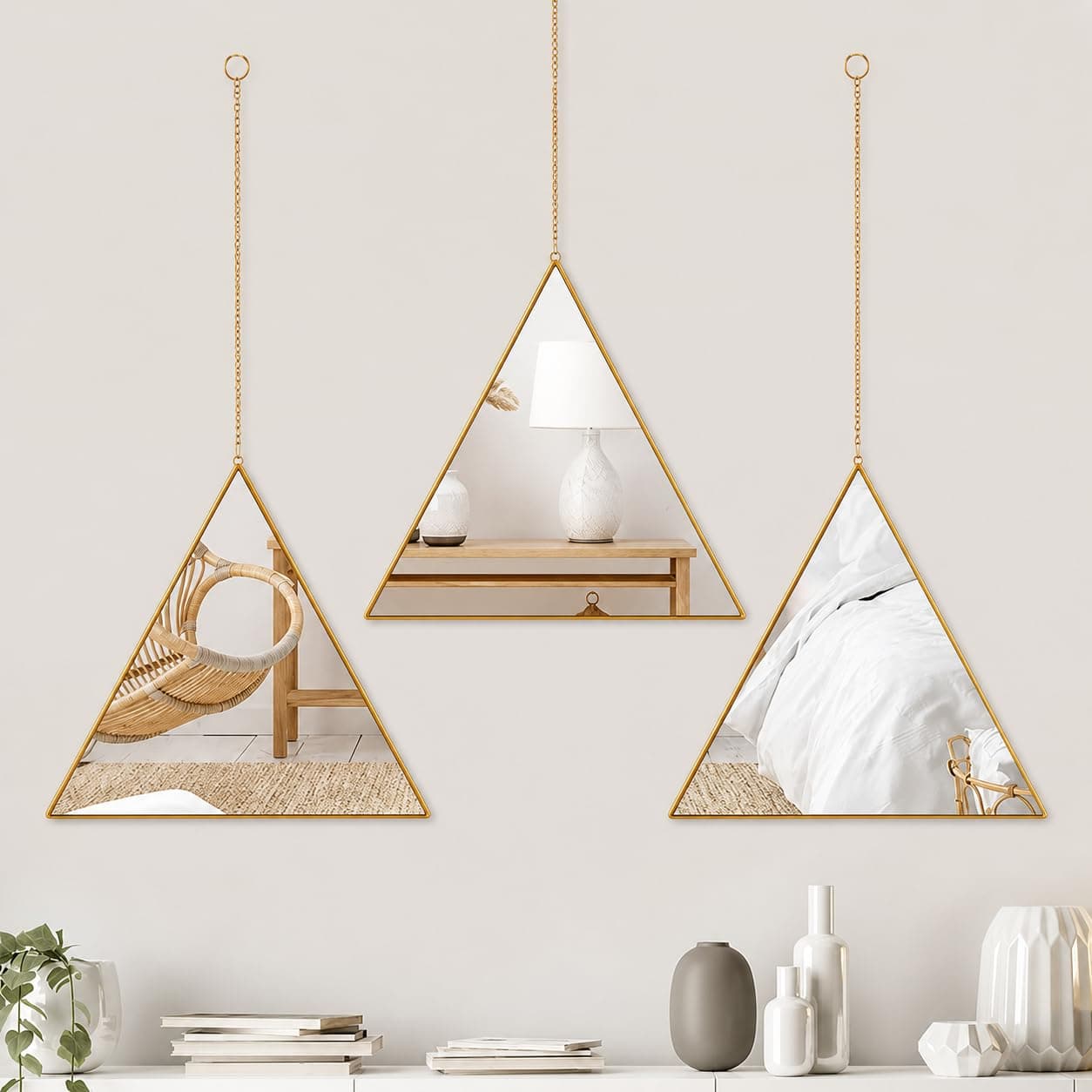 Amazon Brand - Solimo Set of 3 Triangular Wall Mirror Set, Modern Hanging Decorative Mirrors with Gold Frames and Chains, Elegant Accent Mirrors for Living Room, Bedroom, Entryway, Home Decor