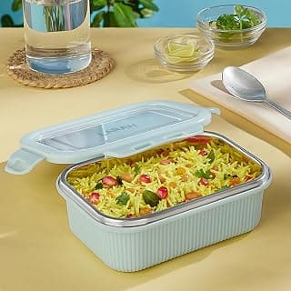 Larah by BOROSIL Freshbyte 400 ml Rectangle Food Storage Container with Airtight Stainless Steel Lid | Fridge Container for Lunchbox | Food Grade Steel | Microwave Safe | Green