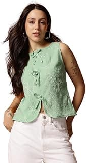 Amazon Brand - INKAST Women Textured Sleeveless Peplum Tunic Top|Round Neck Multi-Tie Front Blouse|Casual Wear|