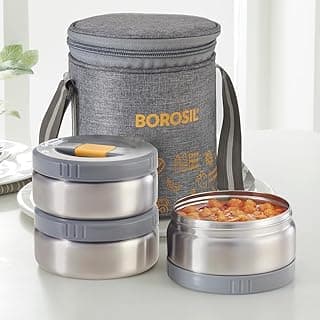 Borosil MealMate Stainless Steel Lunchbox with Bag | 3 pcs Round Container Set (370 ml Each) | Single Wall Lunch Box with Food Grade Steel | Leakproof & Dishwasher Safe | 1 Year Warranty