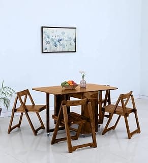 Movable Space Saving Dining Table 4 Seater | Portable Dining Table & Chair Set | Foldable/Folding Dinner Table with Wheels and Drawers Storage | Solid Sheesham Wood, Provincial Teak
