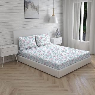 BOUTIQUE LIVING 100% Cotton Bedsheet for Double Bed Queen Size with Pillow Cover Set, 160 TC (Light Pink/Blue, Floral Pattern) Iris Gaze, Light Weight, Moisture Absorbent, All Season Comfort