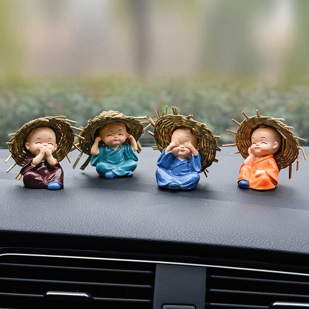 Natali Traders Polyresin Baby Hat Monk Buddha Idols Standard Multicolour, 4 Pieces-Car Dashboard-Home Decor, Religious