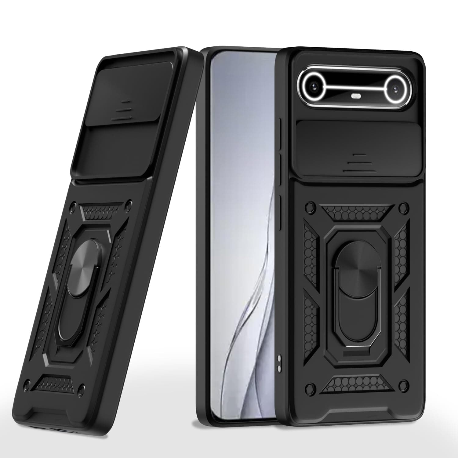 Amazon Basics Back Cover for Tecno Pova Slim 5G |360 Protection Case|Sliding Camera Sheild Cover & Ring Holder Stand D10 Tough Armor Bumper Case (Black)