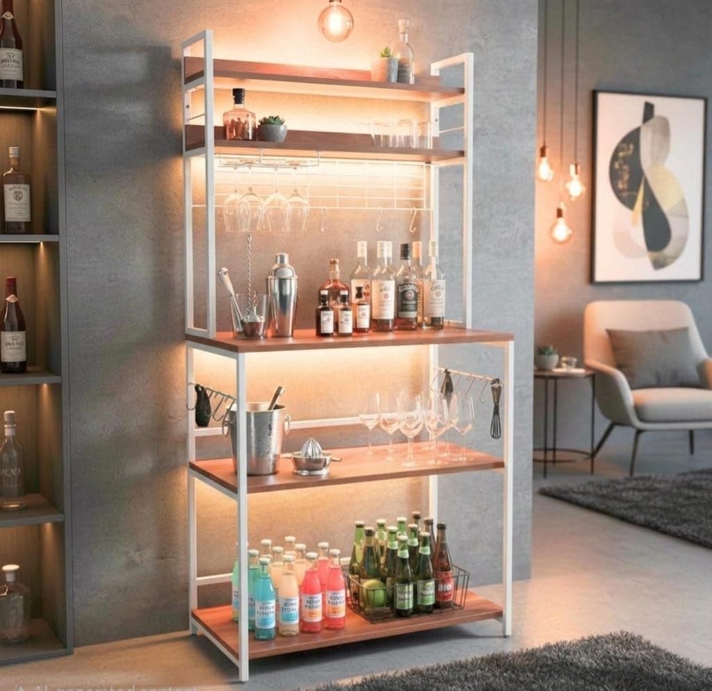 wow craft 5-Tier Bar Shelf with White Frame | Wine Rack & Cocktail Organizer for Home Bar | Storage Rack for Glasses, Bottles & Bar Tools | Modern Bar Counter Shelf