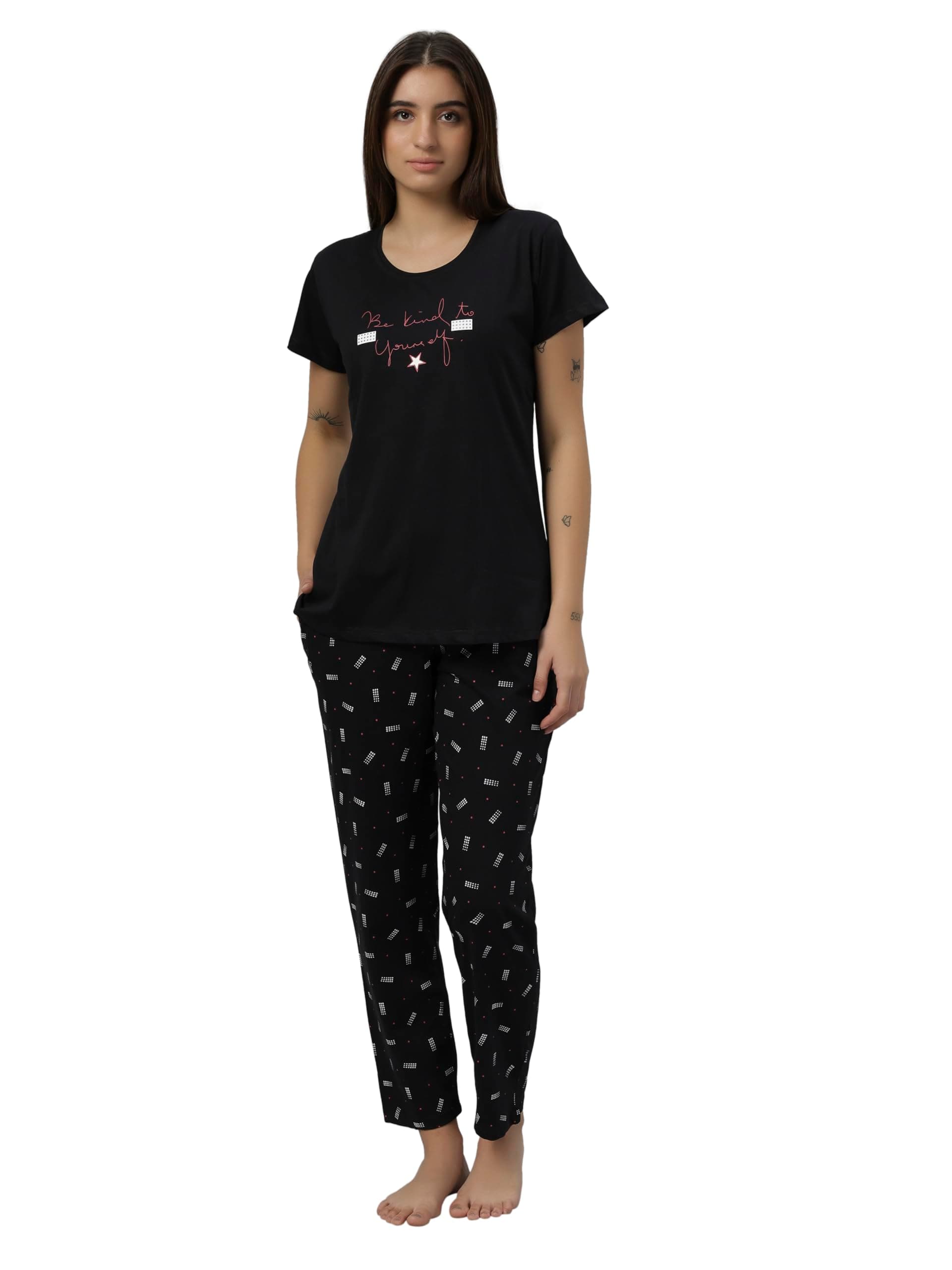 DZZO Women's Cotton Printed Night Suit Set of T-Shirt & Pyjama, Night wear Dress, Relaxed wear for Women/Girls