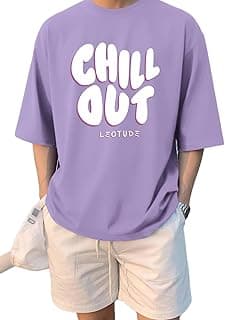LEOTUDE Men's Oversized Drop Shoulder Cool and Stylish Half Sleeve Round Neck Baggy Fit Latest Graphic Printed Design Combo T-Shirt for Man's (Color_Purple)