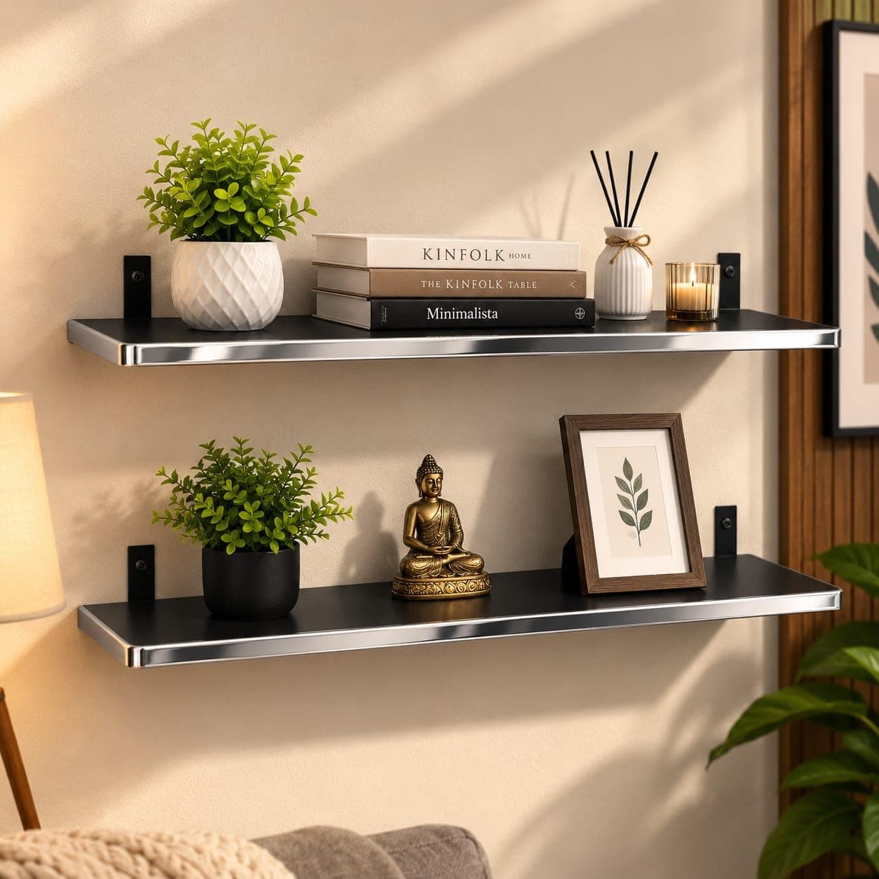 Duraso Engineered Wood Floating Wall Shelves, Black 24x6 Inch Wooden Display Rack for Living Room, Bedroom, Kitchen, Office, Wall Mounted Bookshelf & Decorative Shelf (24x6 Black Silver PO2)