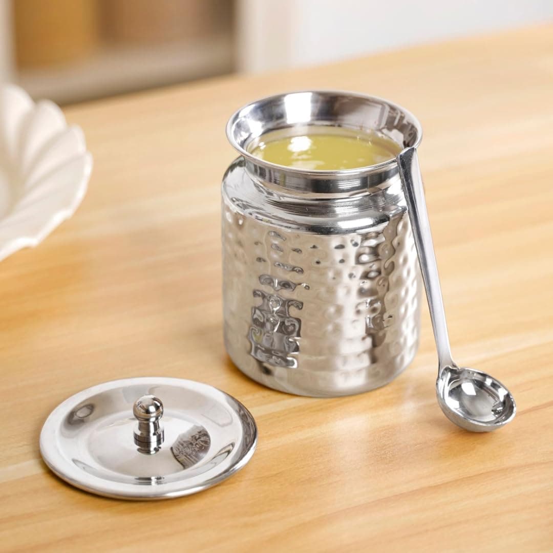 Nestasia Stainless Steel Ghee Pot with Spoon (350 ml) - 100% Food Safe Hammered Ghee & Oil Container with Lid | Stain & Rust Resistant Ghee Jar for Kitchen Storage