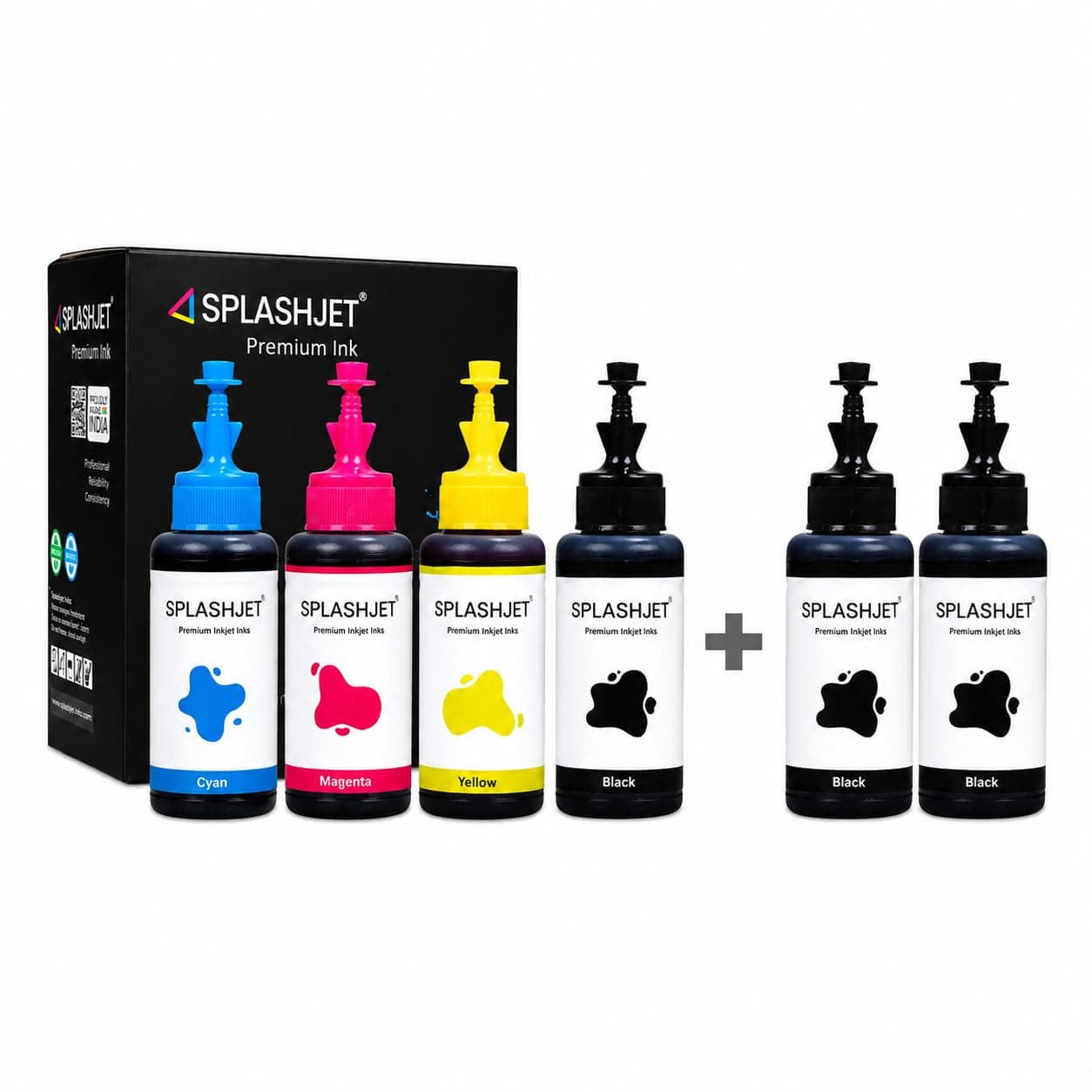 Splashjet T664 Compatible Refill Dye Ink for Epson L130, L360, L380, L361, L565, L210, L220, L310, L350, L355, L365, L385, L405, L455, L605, L1300 Printer Ink (70gm x C/M/Y + 3PCS Black) - 503087