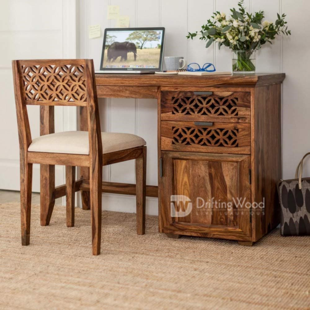 DRIFTINGWOOD Sheesham Wood Writing Study Table for Home and Office with Chair | Study Desk | Natural Honey Finish