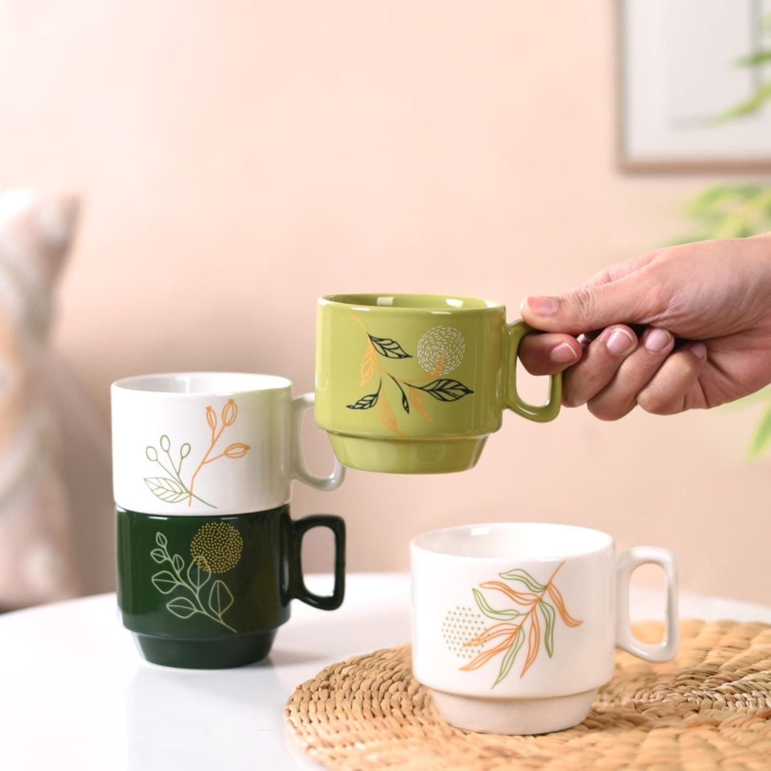 Nestasia Stackable Cups Set of 4 (250 ml) | Elegant Ceramic Coffee Mug Set with Gold Detailing | Stackable, Floral Design, Heat Retaining | Ideal for Gifting