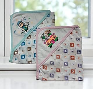 Baby Hooded Blanket Wrapper, Double Layer Dohar Fabric | Cartoon Prints, Soft & Cosy, Newborn & Infants, Pack of 2, Multicolour