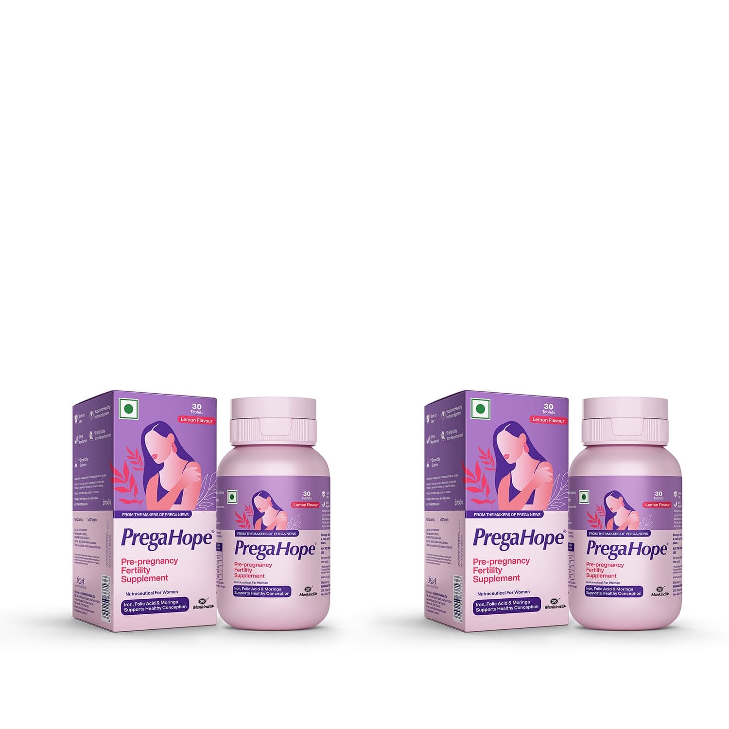 PregaHope Pre-Pregnancy Fertility Supplement (Pack Of 60 Tabs) | With Iron, Folic Acid & Moringa | Lemon Flavor