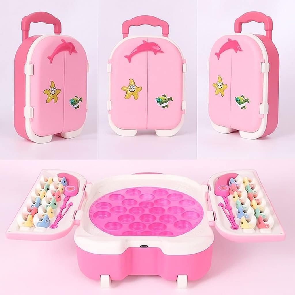 Amazon Brand - Jam & Honey Magnetic Fishing Game for Kids – 2 Player Toy with 24 Magnetic Fishes, Lights & Music, Rechargeable with Type-C Charging, Trolley Design | Magnetic Fishing Game, VEFG0001-P