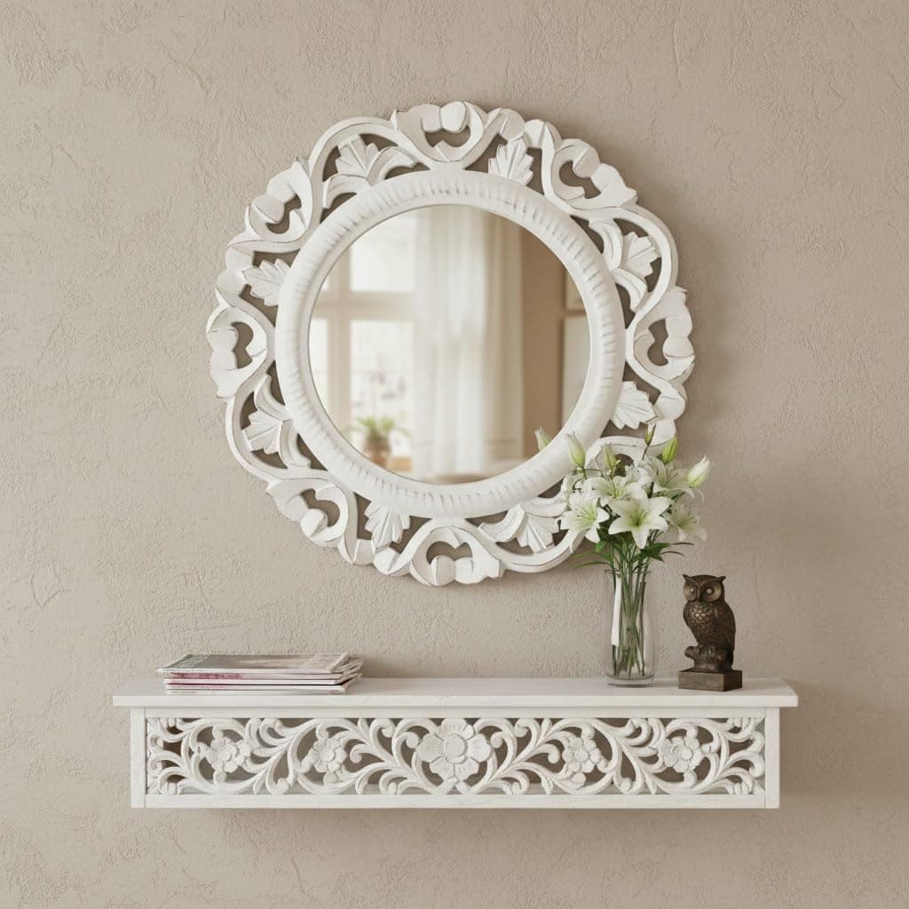 THE URBAN STORE Wall Mirror Wooden Distressed White Color 14"x14" Pack of One French Style Elegantly Hand Crafted Floral Carving Mirror for Home and Office Decor TUSMR40