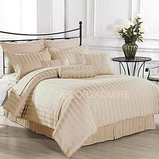 DECOR2ADMIRE 300TC Pure Cotton Plain Stripe King Size Double Bedsheet for Double Bed with Two Pillow Covers (Super King, Beige) (108 * 108 Inches)
