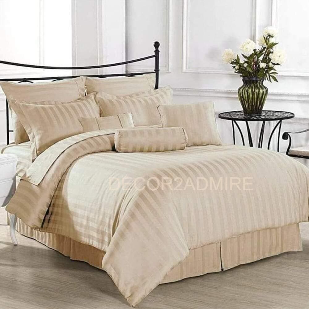 DECOR2ADMIRE 300 TC Cotton Plain Stripe Queen Size Double Bedsheet for Double Bed with Two Pillow Covers (Queen, Beige, 90 * 100 Inches)