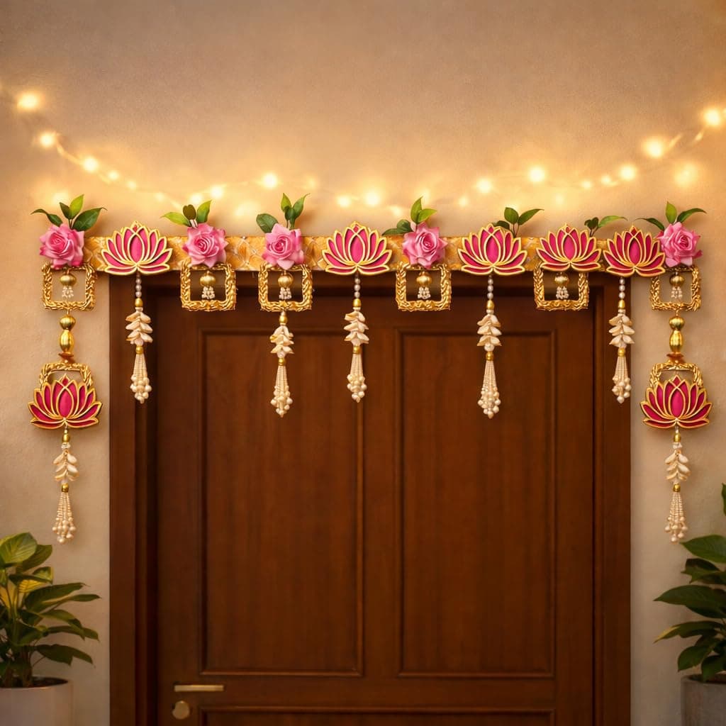 WOWINSITE Decorative Artificial Lotus Flower Toran for Door | Wall Hanging Bandhanwar with Beads & Roses | Home Entrance Décor for Diwali, Pooja, Festivals | Size 37 to 41 Inch