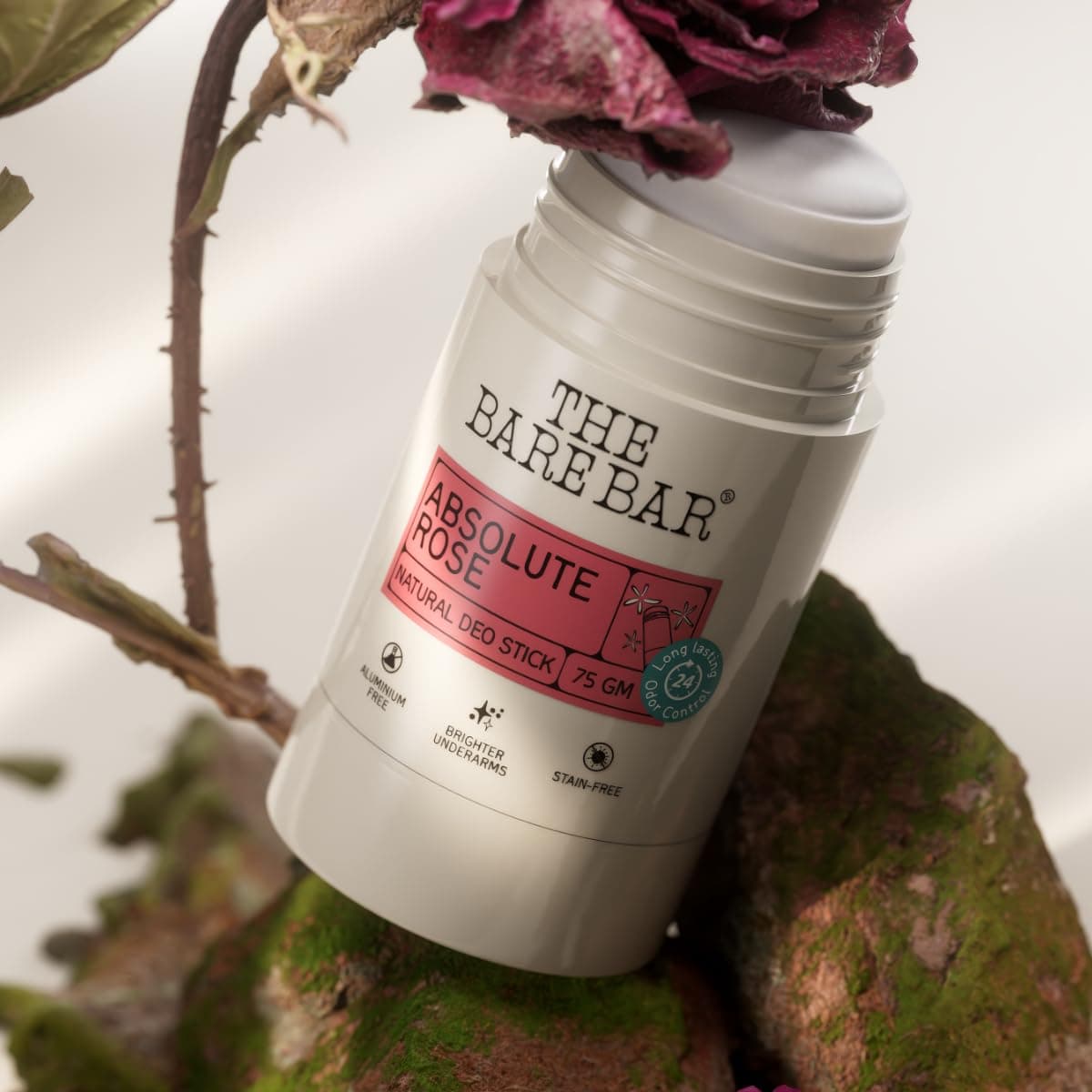 The Bare Bar Absolute Rose Natural Deodorant Stick 75g | Up to 24-Hour Odour Control | Long-Lasting Freshness | Aluminium-Free, Baking Soda-Free | No White Marks, No Staining | For Men & Women