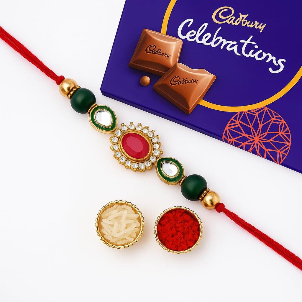 Stone Beaded Studded Rakhi with Chocolate Gift for Brother Cadbury Celebration Chocolate Hamper Rakhi Set of 1 for Brother Bhai Bhaiya Raksha Bandhan Bracelet Single Rakhi with Greeting Card
